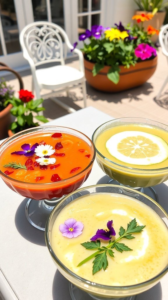 Three bowls of chilled soups garnished with edible flowers, set against a backdrop of colorful flowers.