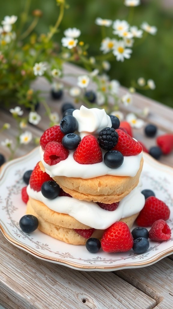 A delicious berry shortcake with layers of whipped cream and fresh berries, perfect for a summer birthday.