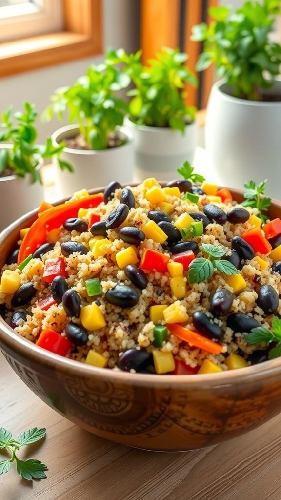 A colorful bowl of couscous salad with black beans, bell peppers, and mango, surrounded by potted plants.