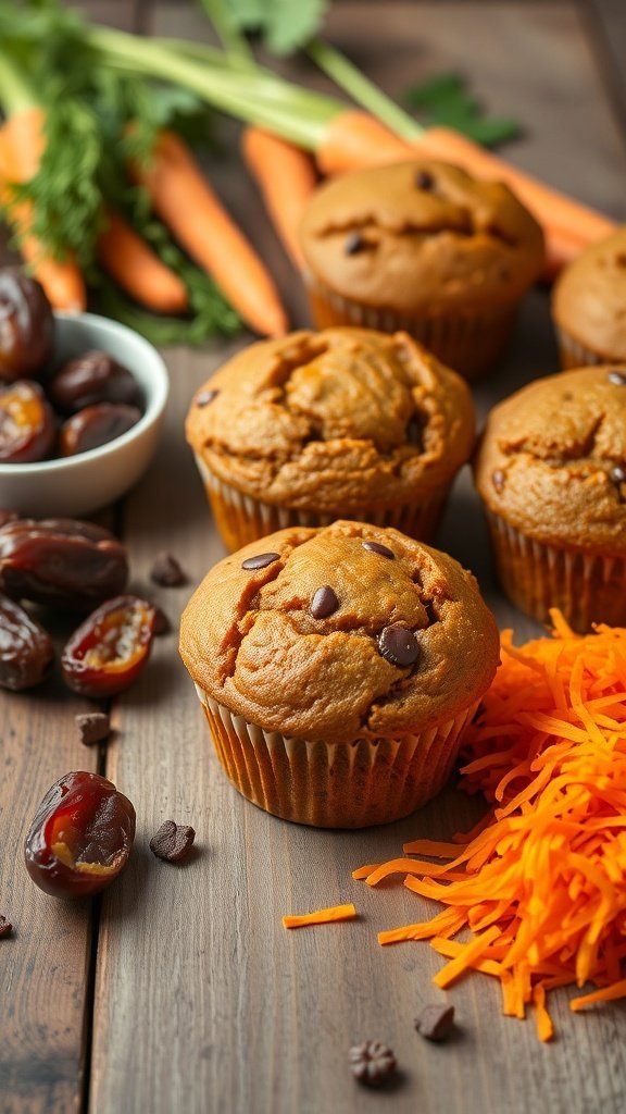 Vegan carrot muffins with chocolate chips, fresh carrots, and chopped dates on a wooden table.