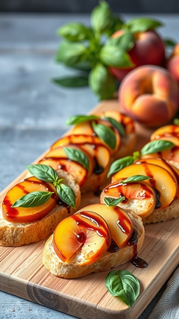 Peach and Basil Bruschetta on a wooden board with fresh basil and peaches in the background.