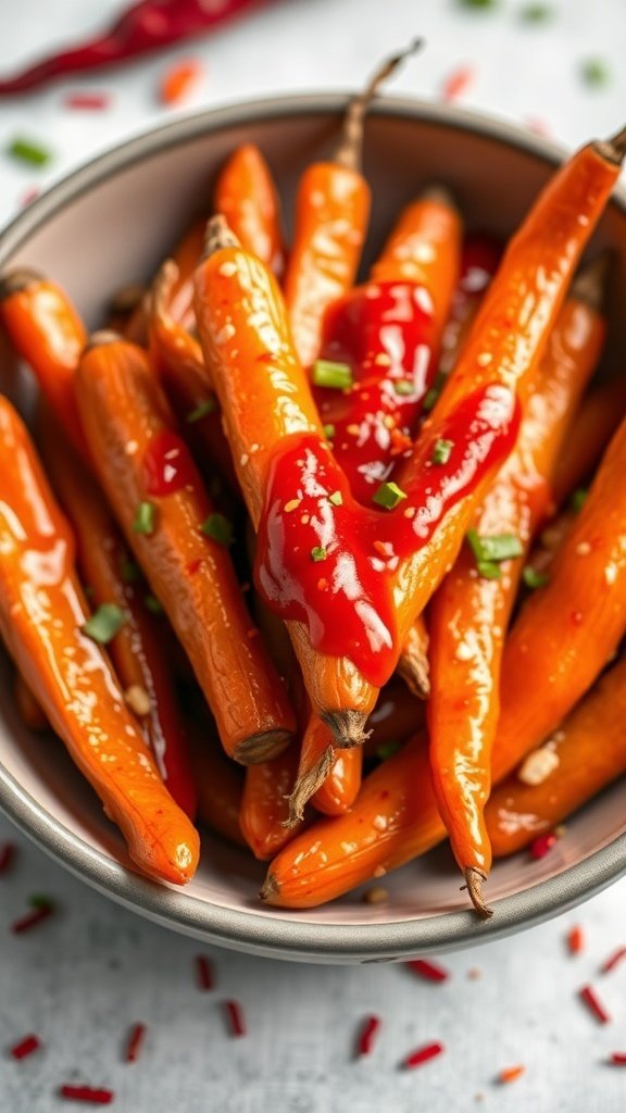 A bowl of spicy honey glazed carrots drizzled with sauce, garnished with green onions.