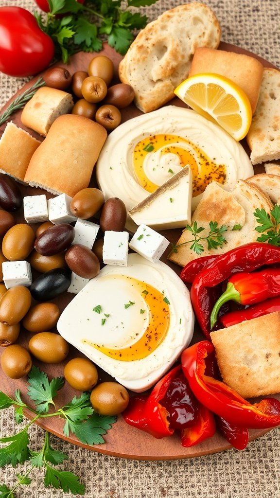 A Mediterranean inspired charcuterie board featuring hummus, olives, feta cheese, roasted peppers, and pita bread.