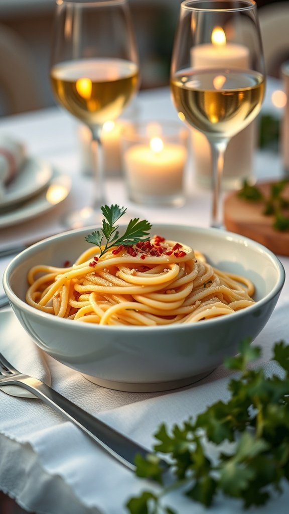 A bowl of spaghetti with olive oil and red pepper flakes, surrounded by wine glasses and candles.