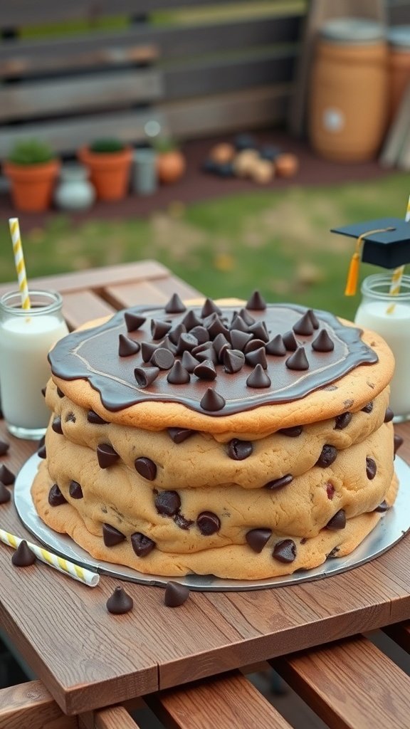 A large chocolate chip cookie cake with chocolate frosting and chocolate chips on top, set outdoors with glasses of milk.