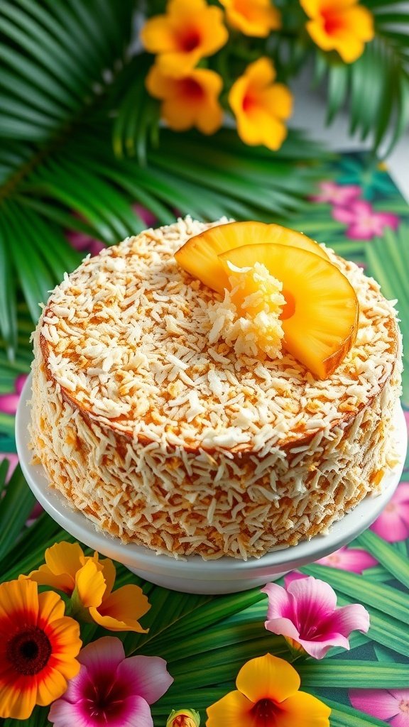 A beautifully decorated pineapple carrot cake topped with coconut and a slice of pineapple, surrounded by colorful flowers.