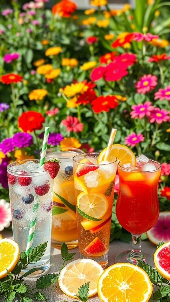 Three colorful summer beverages with fresh fruits and flowers in the background