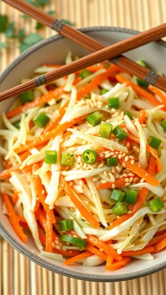 A bowl of crunchy Asian slaw with sesame dressing, featuring shredded cabbage, carrots, and green onions, garnished with sesame seeds.