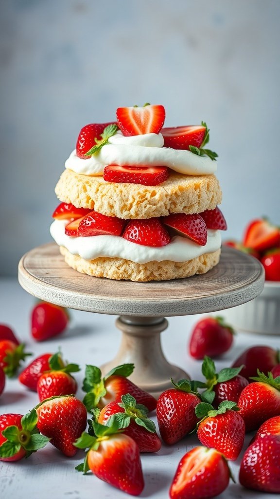 A delicious strawberry shortcake topped with fresh strawberries and whipped cream, displayed on a wooden cake stand.