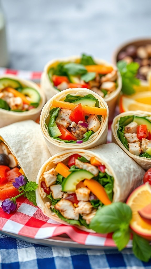 Colorful summer wraps filled with fresh vegetables and chicken on a picnic blanket.