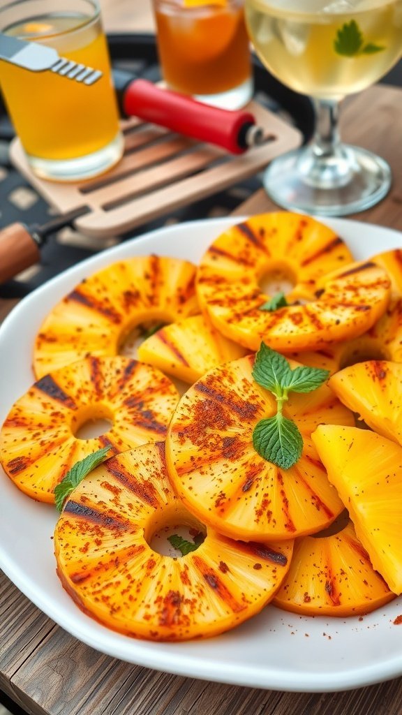 Grilled pineapple rings with a hint of spice, garnished with mint leaves.