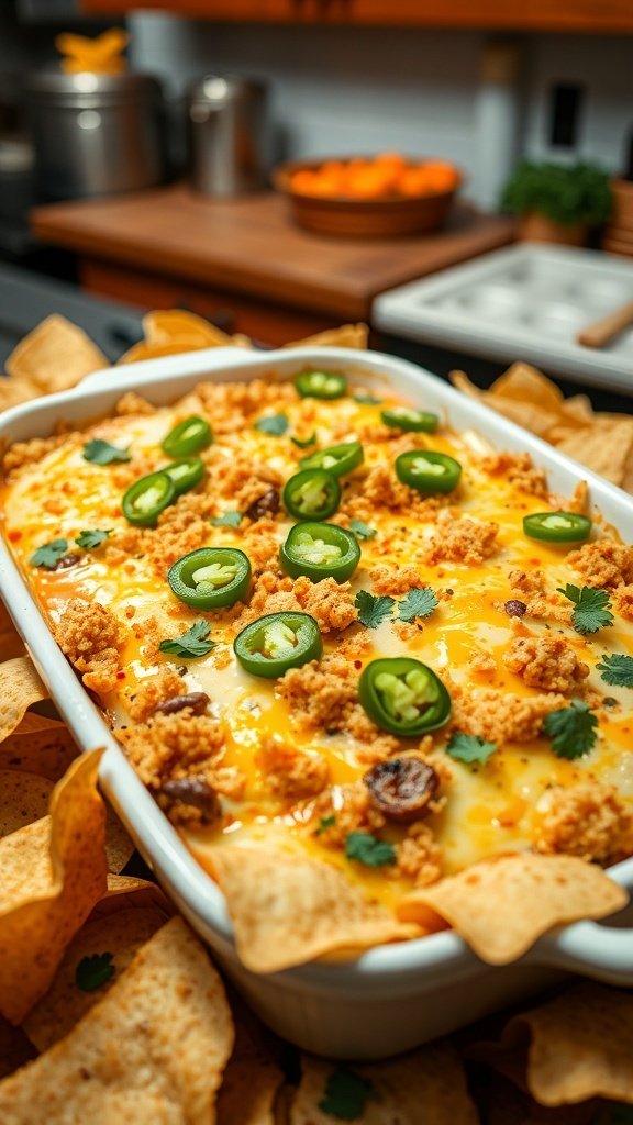 A delicious Spicy Jalapeño Popper Dip served in a white dish surrounded by tortilla chips, garnished with jalapeño slices and fresh cilantro.