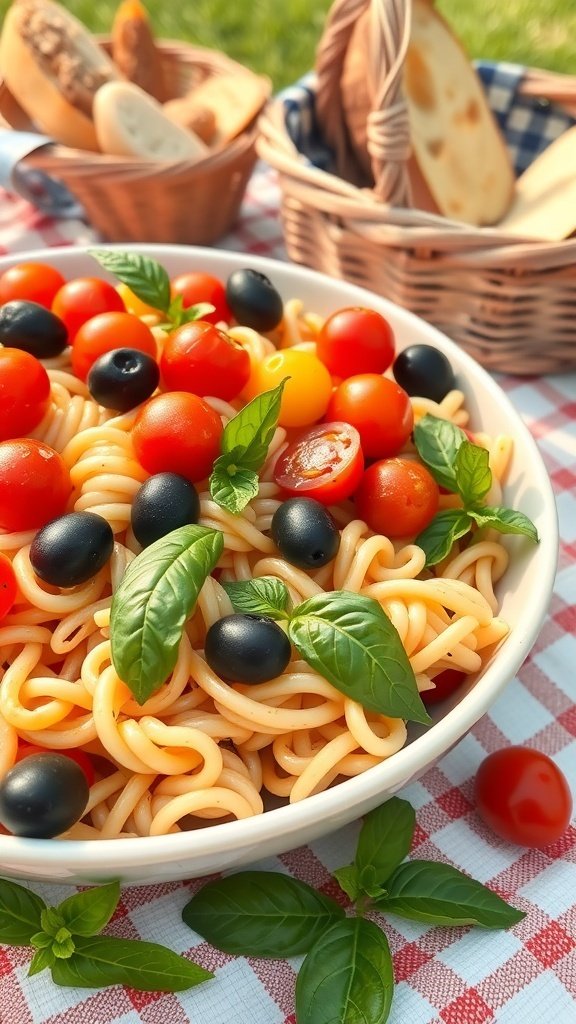 A bowl of cold pasta salad with cherry tomatoes, black olives, and fresh basil, accompanied by a basket of bread.