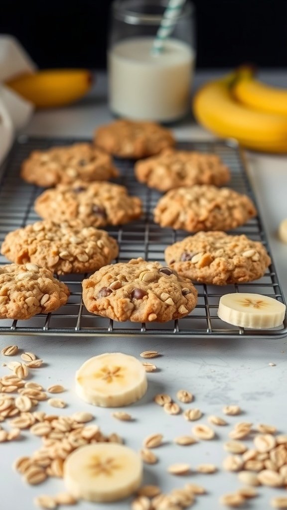 A tray of freshly baked banana oatmeal cookies with oats and chocolate chips, alongside sliced bananas and a glass of milk.