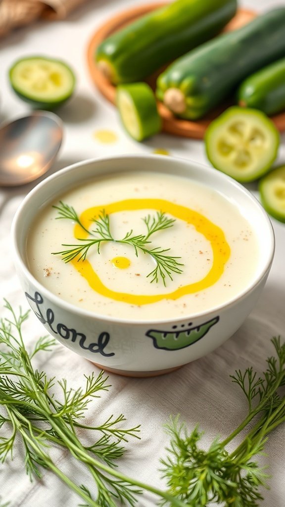 A bowl of chilled cucumber soup garnished with dill and olive oil, surrounded by fresh cucumbers.