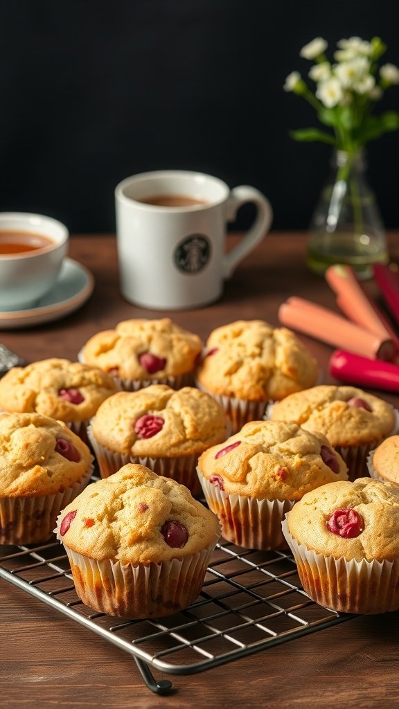 Freshly baked rhubarb muffins on a cooling rack with cups of tea in the background.