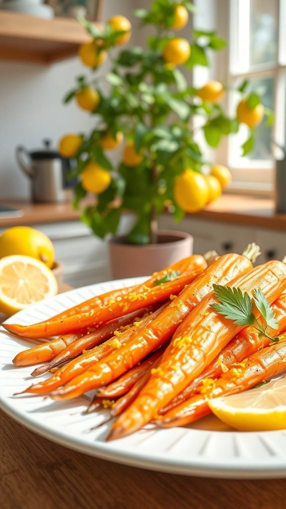A plate of roasted carrots garnished with lemon zest and parsley, with a lemon tree in the background.