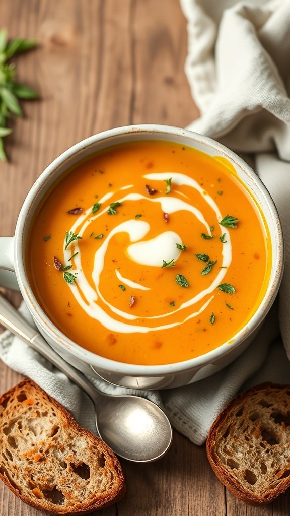 A bowl of vibrant rainbow carrot soup garnished with cream and herbs, served with toasted bread.