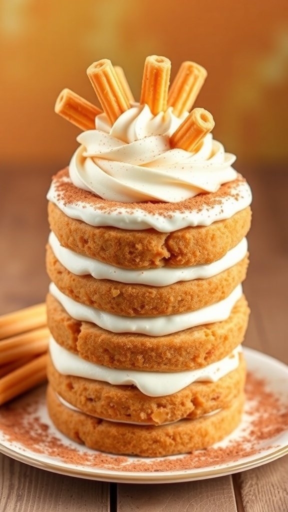 A delicious churro cake stacked high with whipped cream and churro sticks on top.