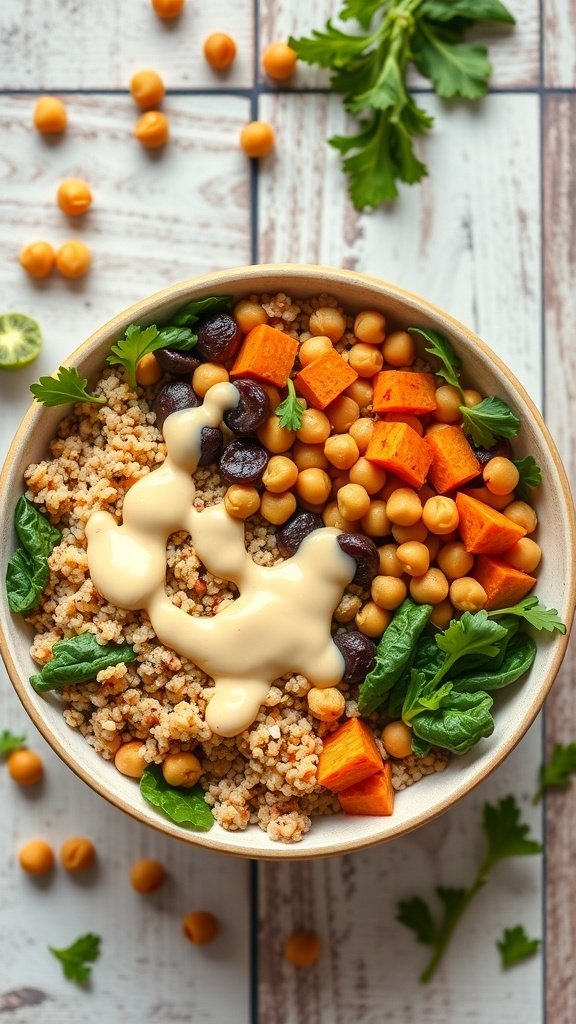 A colorful grain bowl with couscous, chickpeas, sweet potatoes, and spinach, topped with tahini sauce.