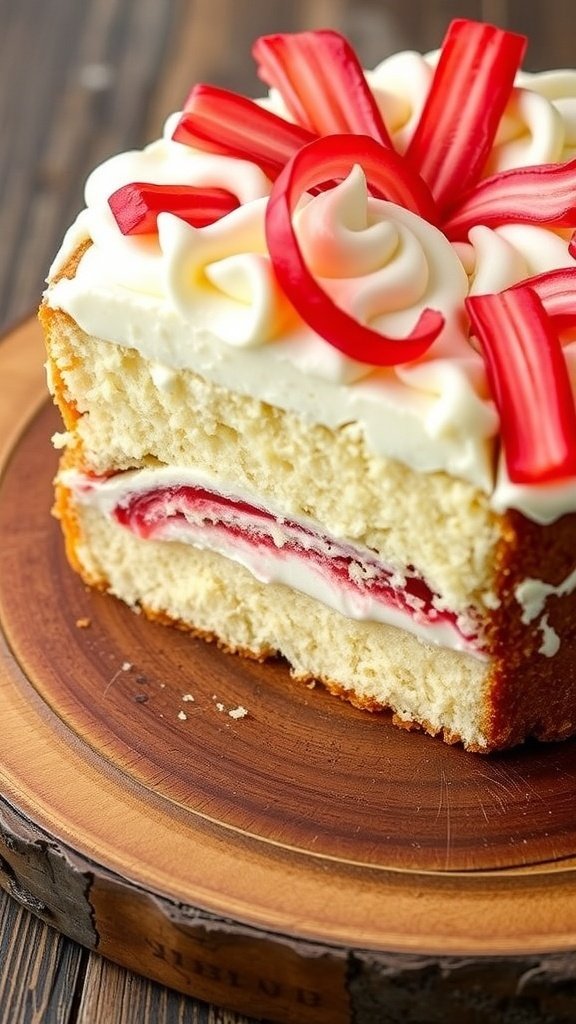 A slice of rhubarb cream cheese cake with decorative frosting and rhubarb strips on top.