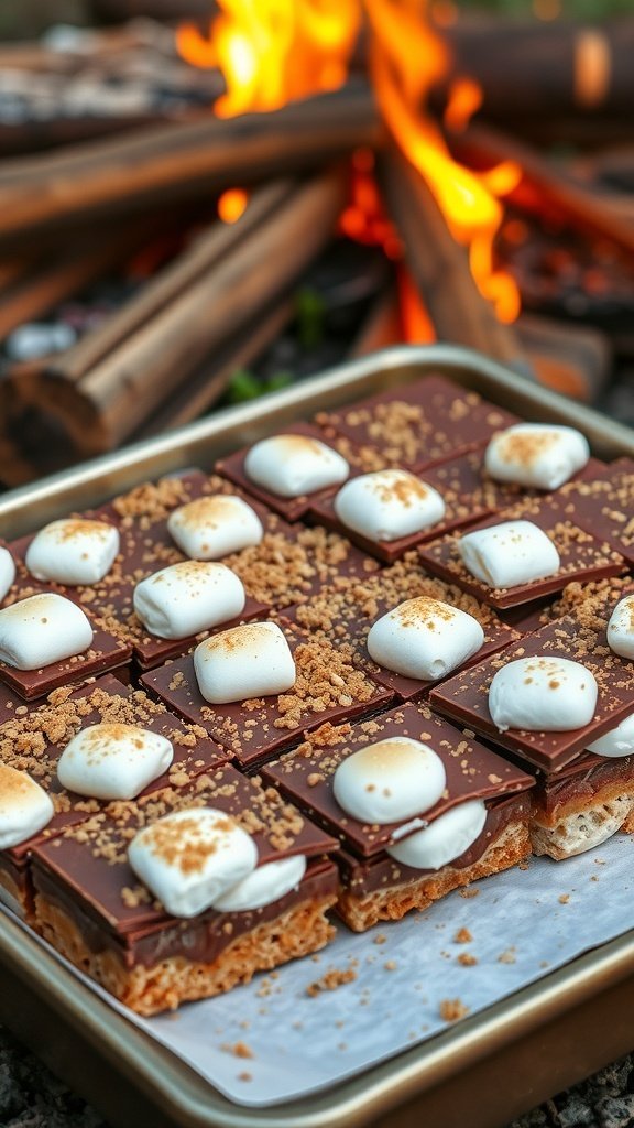 A tray of Chocolate S'Mores Bars with toasted marshmallows and graham cracker crumbs, set against a backdrop of a campfire.