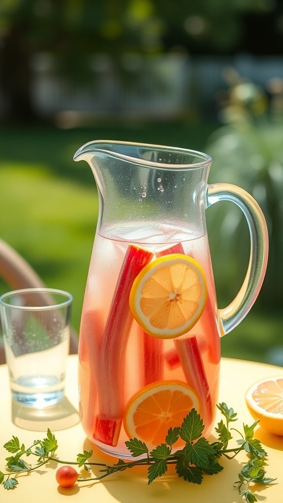A pitcher of rhubarb infused water with lemon slices and fresh mint leaves, sitting on a sunny table.
