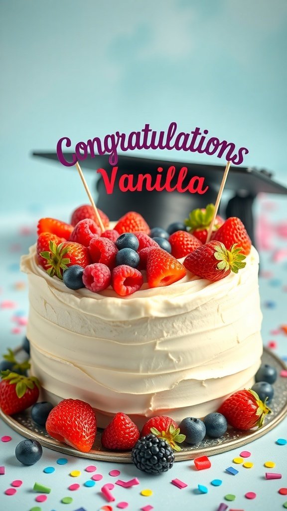 A colorful graduation cake topped with fresh berries and a congratulatory sign.