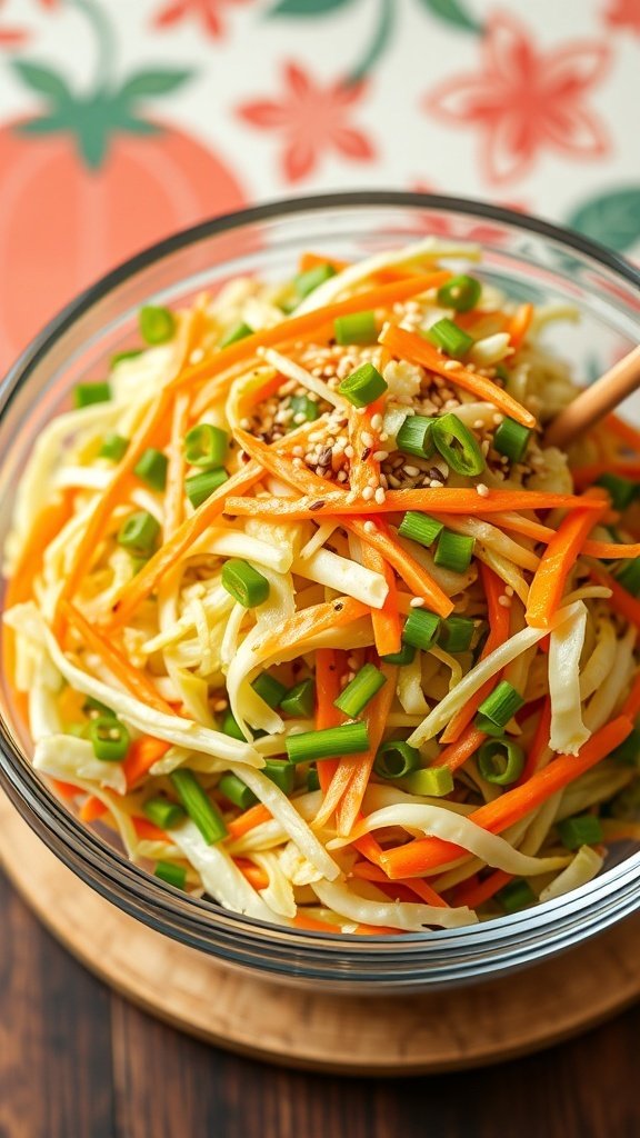 A bowl of Asian cabbage salad with shredded cabbage, carrots, and green onions, topped with sesame seeds.