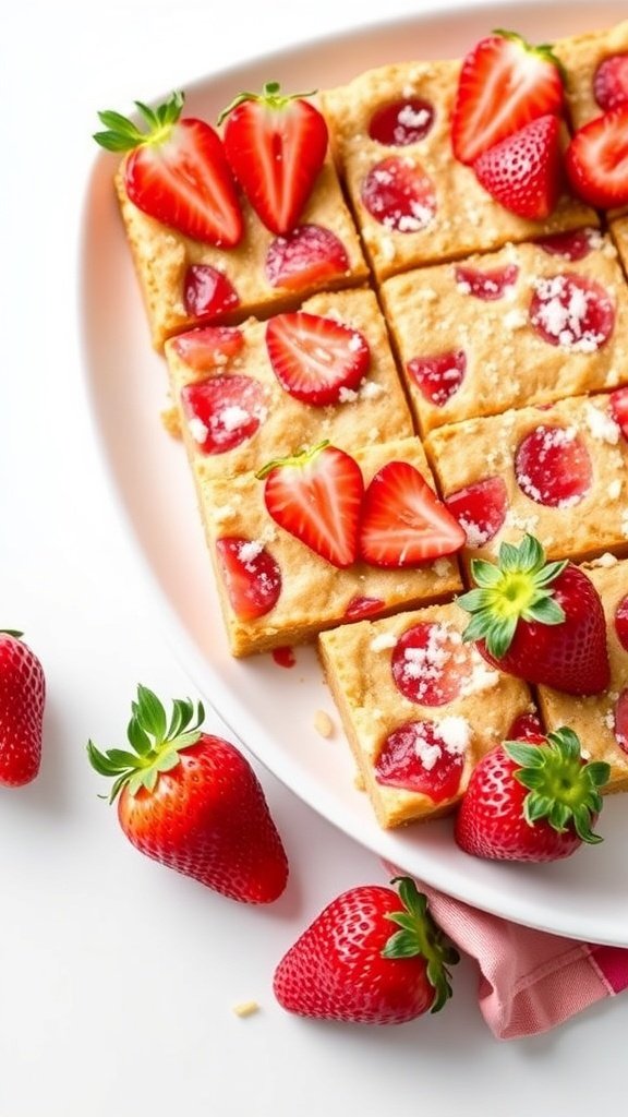 Delicious strawberry rhubarb bars topped with fresh strawberries on a white plate.