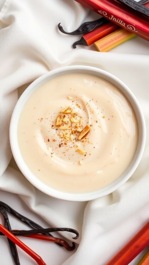 A bowl of creamy vanilla rhubarb sauce garnished with chopped nuts, surrounded by rhubarb stalks and vanilla beans.