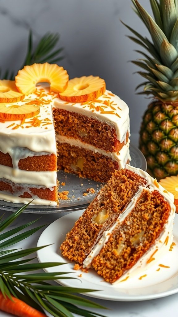 A beautifully decorated carrot cake with pineapple slices on top, showcasing a moist and spiced interior.