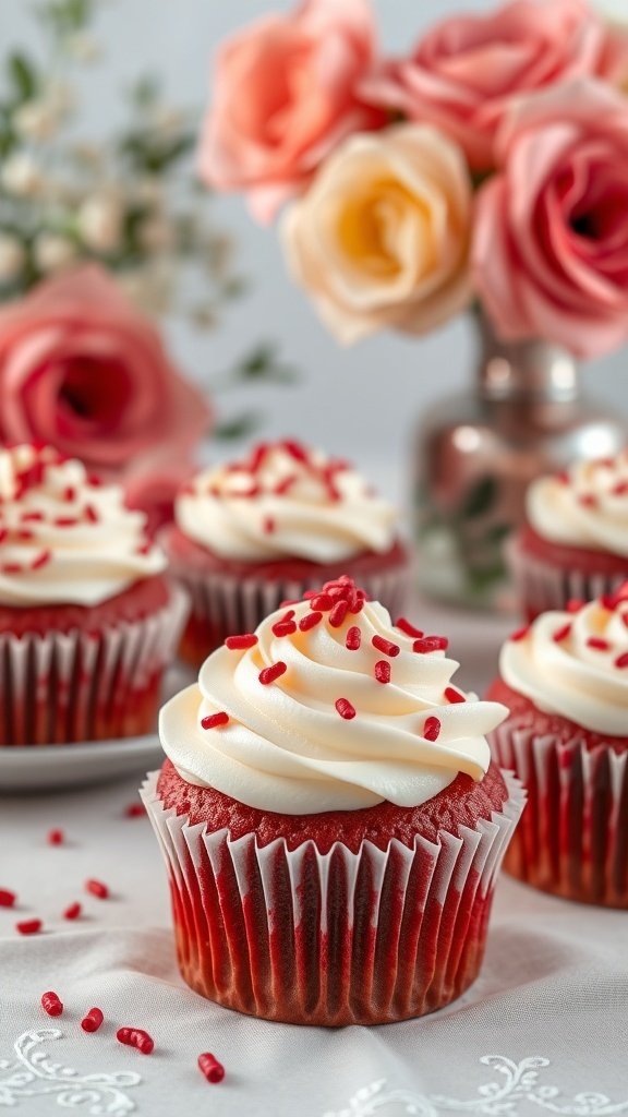 Red velvet carrot cupcakes with cream cheese frosting and red sprinkles, surrounded by roses.