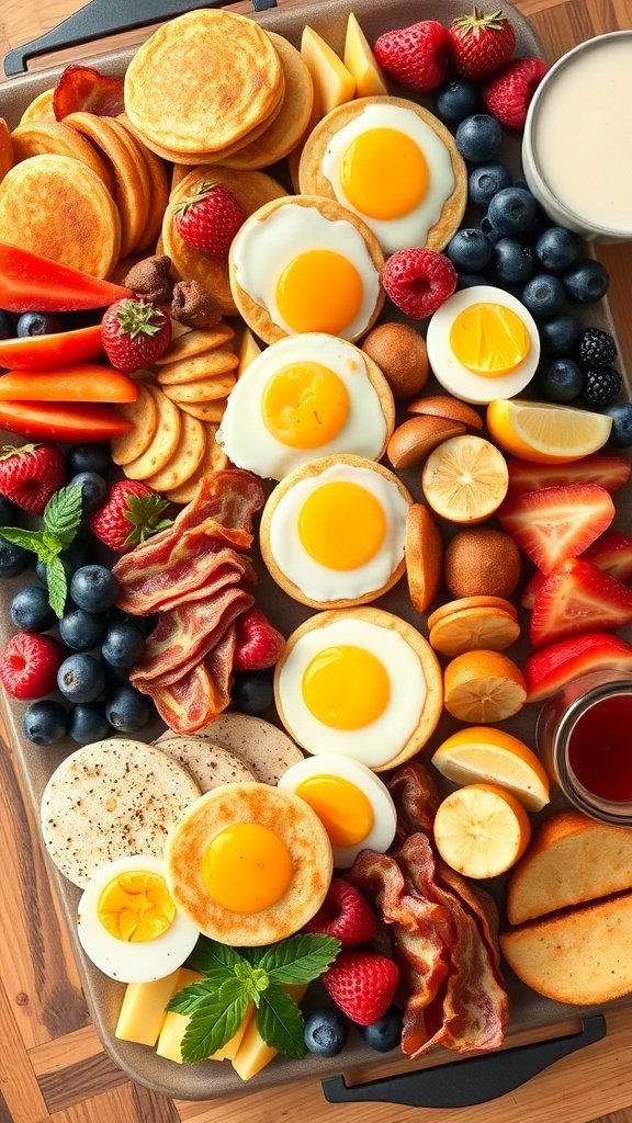 A colorful breakfast charcuterie board featuring pancakes, eggs, bacon, and fresh fruits.
