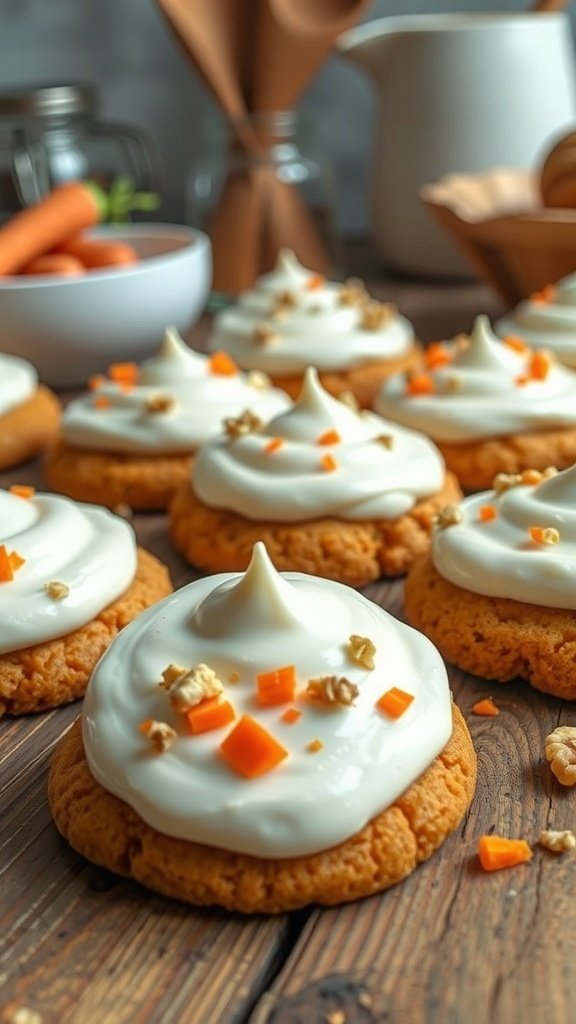 Delicious carrot cake cookies topped with cream cheese frosting and garnished with carrot bits and walnuts.