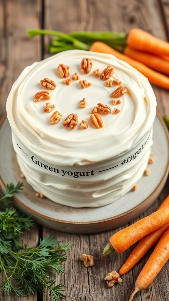 A beautifully layered carrot cake topped with cream frosting and pecans, with fresh carrots beside it.