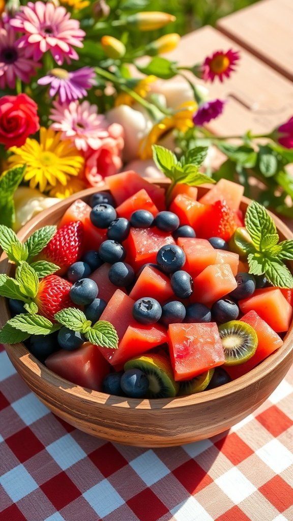 A vibrant fruit salad with watermelon, strawberries, blueberries, and kiwi, garnished with mint leaves, set on a picnic table.