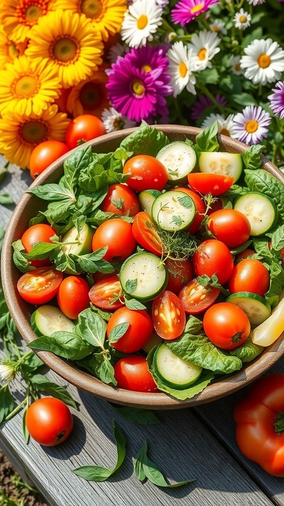 A vibrant summer salad with cherry tomatoes, cucumbers, and fresh basil, surrounded by colorful flowers.