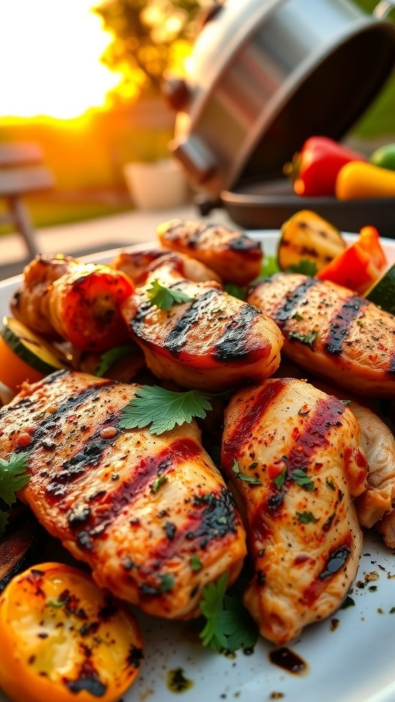 Grilled chicken breasts with vegetables on a plate, showcasing a summer grilling scene.