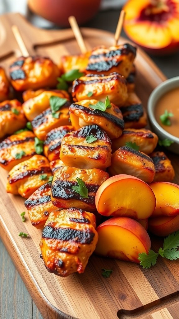 Spicy grilled chicken and peach skewers on a wooden platter, garnished with cilantro and served with peach slices.