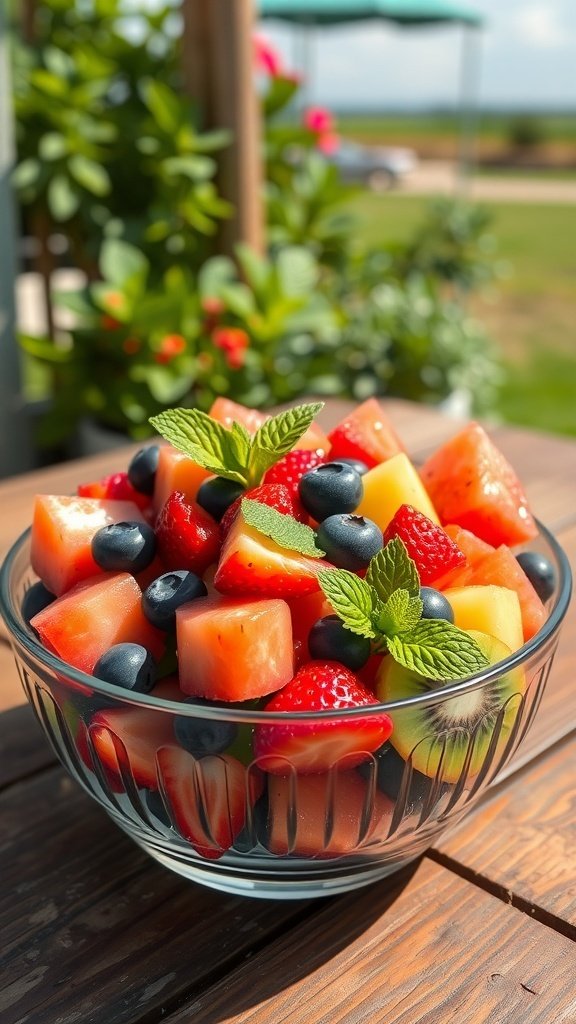 A colorful bowl of refreshing fruit salad with watermelon, strawberries, blueberries, and kiwi, garnished with mint leaves.