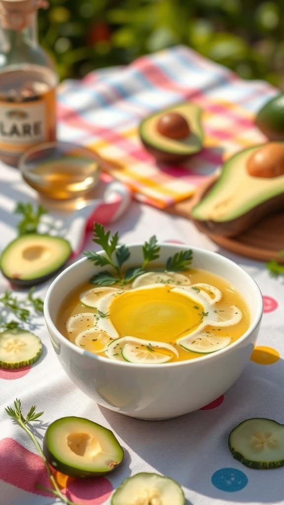 A bowl of chilled cucumber and avocado soup garnished with cucumber slices and herbs, surrounded by fresh avocados and cucumbers on a colorful tablecloth.