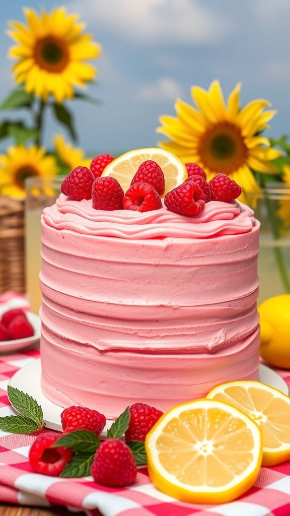 A beautiful Raspberry Lemonade Cake decorated with fresh raspberries and lemon slices, surrounded by sunflowers.