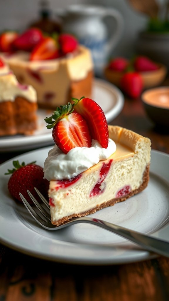 A slice of strawberry rhubarb cheesecake topped with fresh strawberries and whipped cream, served on a plate.