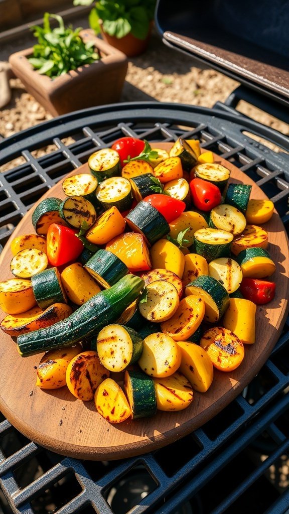 A colorful medley of grilled summer squash and cherry tomatoes on a wooden platter.
