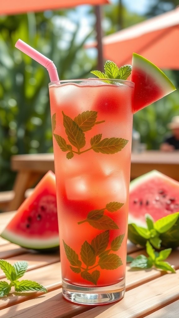 A refreshing watermelon mint cooler in a tall glass, garnished with mint leaves and a slice of watermelon.