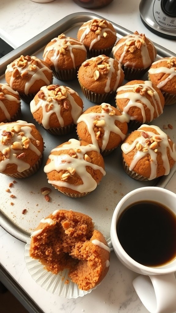 Delicious carrot cake muffins topped with cream cheese glaze and chopped nuts, served with a cup of coffee.