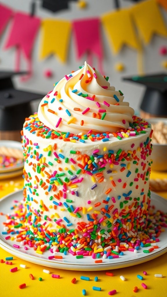 A colorful funfetti graduation cake topped with sprinkles and frosting, set against a festive background.