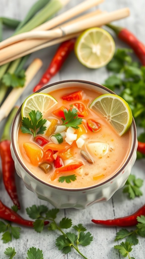 A vibrant bowl of Thai coconut soup with colorful vegetables and lime slices.