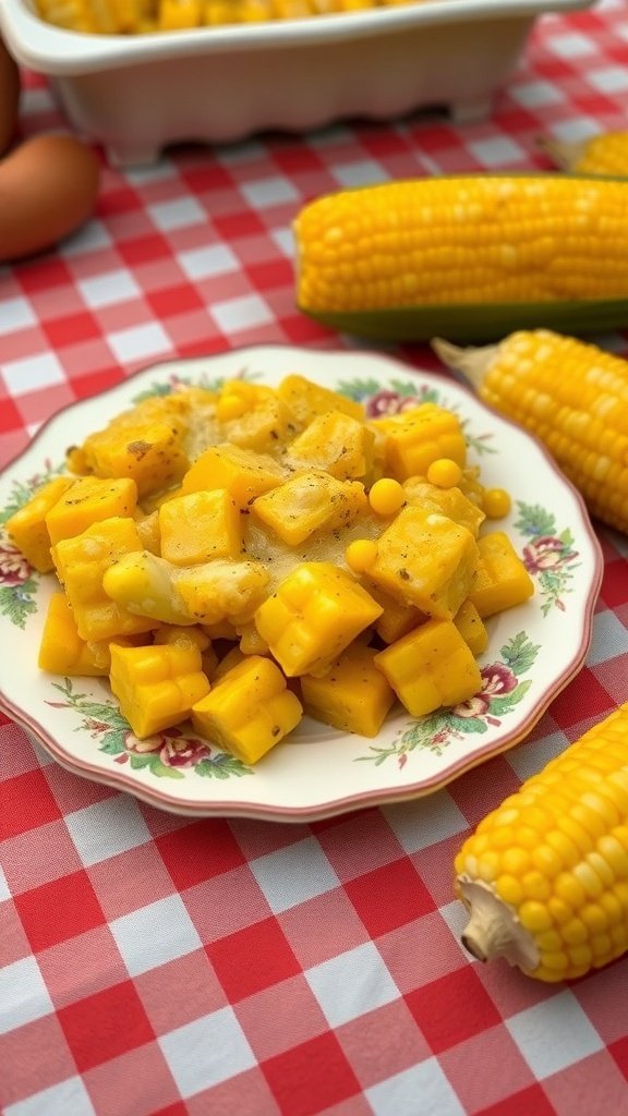 A plate of classic Southern-style squash and corn casserole with fresh corn on the cob in the background.
